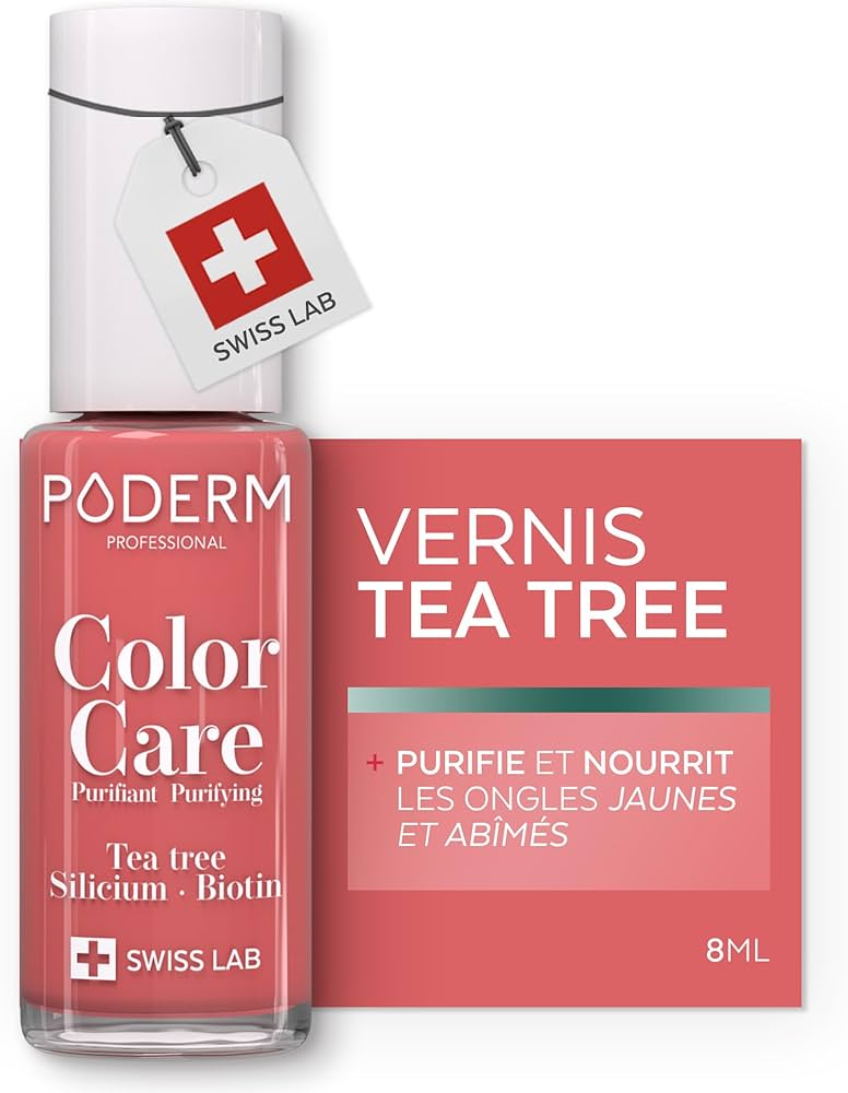 Flacon rose étiquette Poderm Color Care et boîte rose Vernis Tea Tree – Swiss Lab 8 ml
