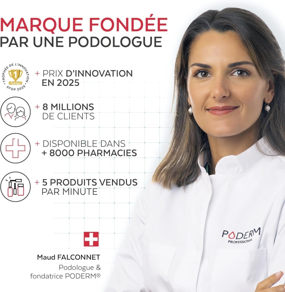 Portrait d'une podologue professionnelle en blouse blanche, texte et icônes à gauche sur fond gridé.