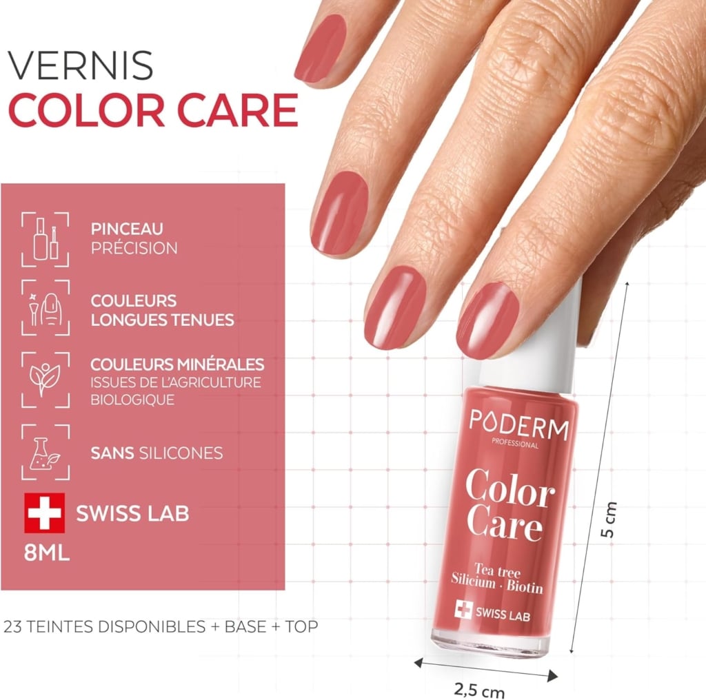 Publicité montre vernis rose corail et flacon Color Care Poderm avec détails techniques.