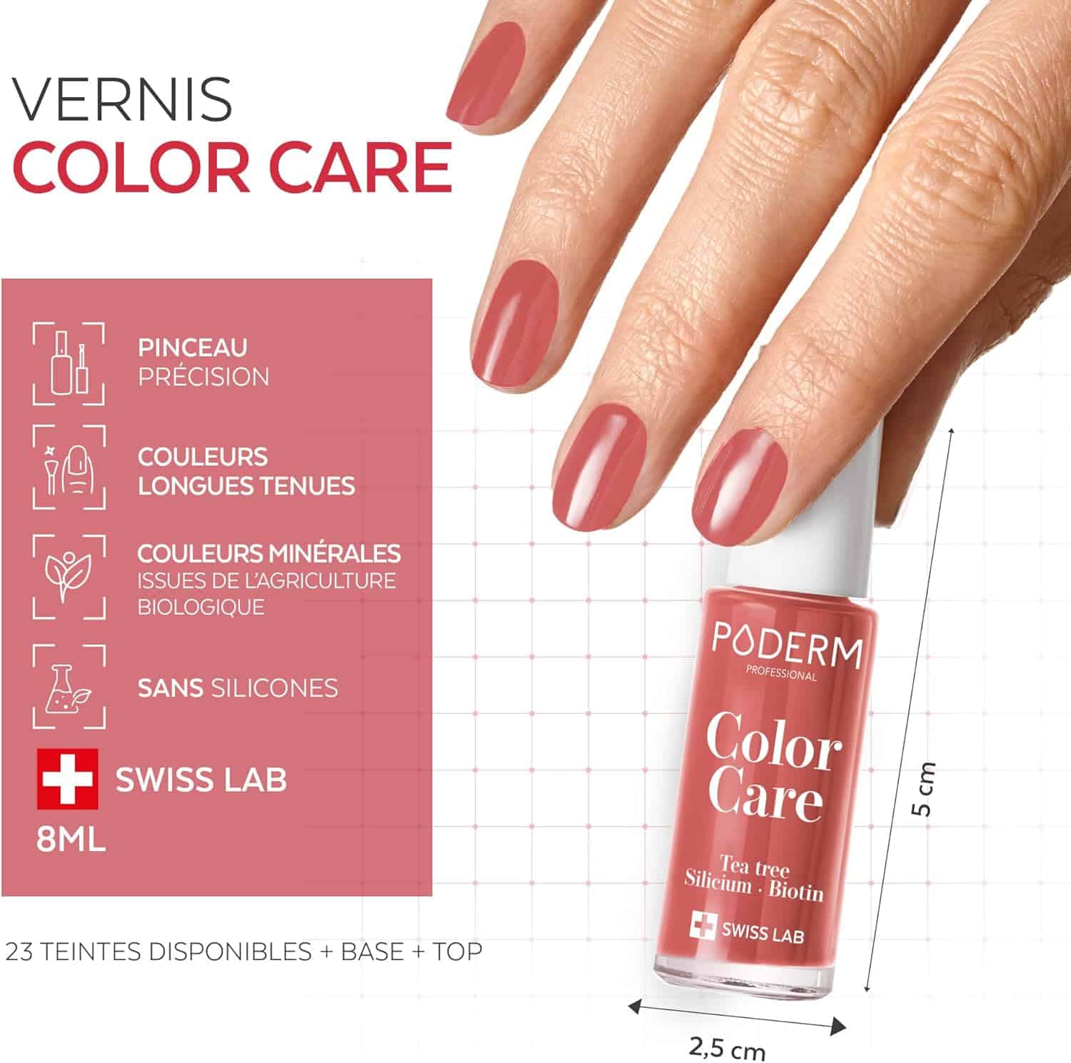 Ongles rosé corail et flacon Color Care Poderm, fiche technique 2,5 cm × 5 cm