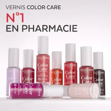 Bouteilles de vernis à ongles Poderm Color Care alignées, teintes rouges et roses.