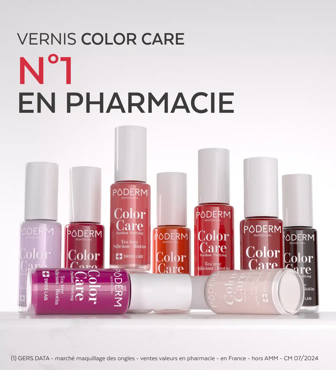 Vernis Color Care – Nuances rouges et roses en vitrine publicitaire