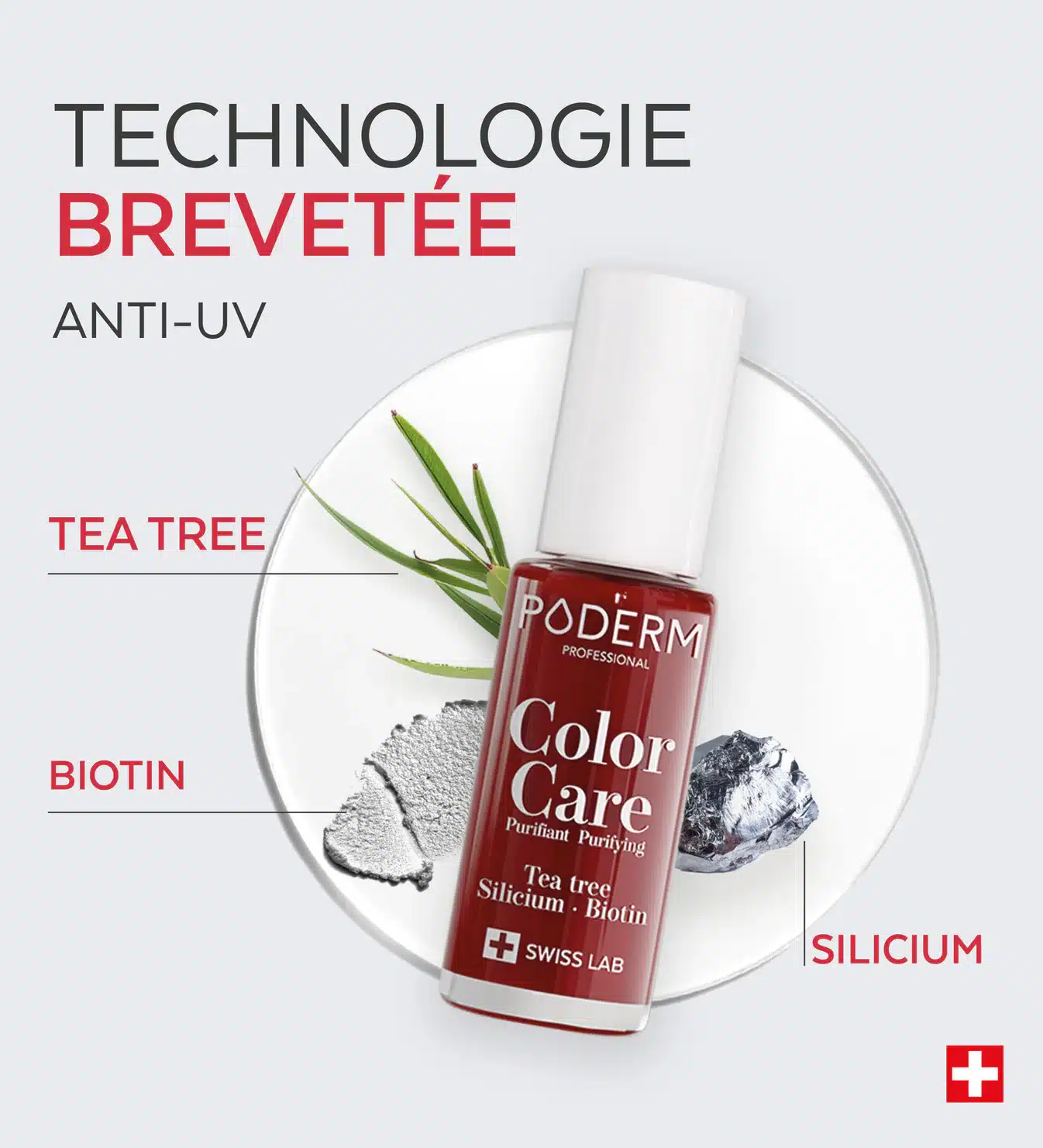 Vernis rouge PODERM sur assiette: éclats, feuilles vertes, technologie anti-UV et biotine