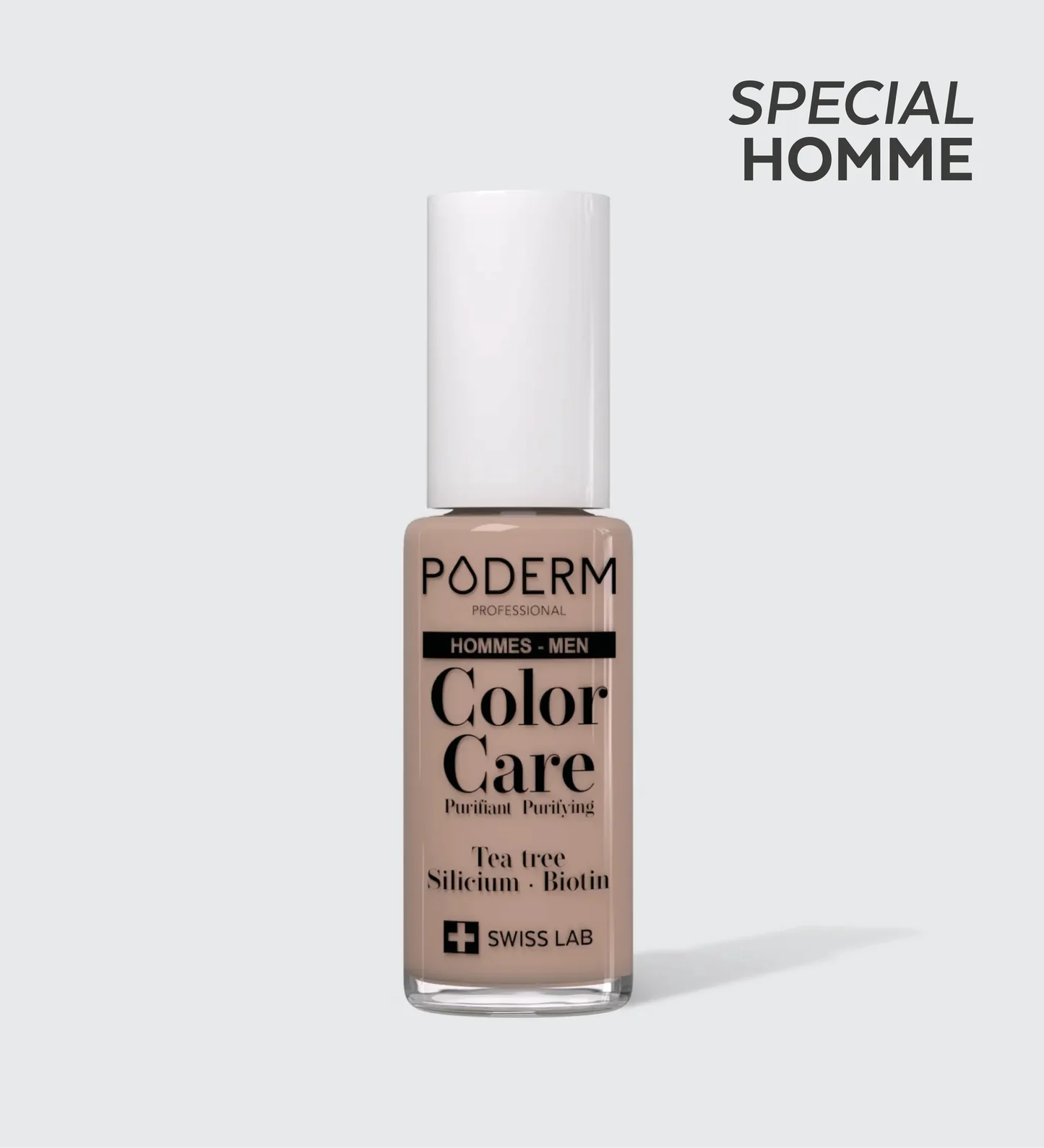 Vernis nude aligné contre fond gris, bouchon blanc volumineux