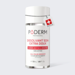 Flacon blanc avec étiquette et bouchon métallique, tag Suisse accroché, texte “DISSOLVANT SOIN EXTRA DOUX” sur fond gris.