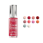 Flacon de vernis Poderm Color Strong rouge rose avec échantillons de teintes à côté.