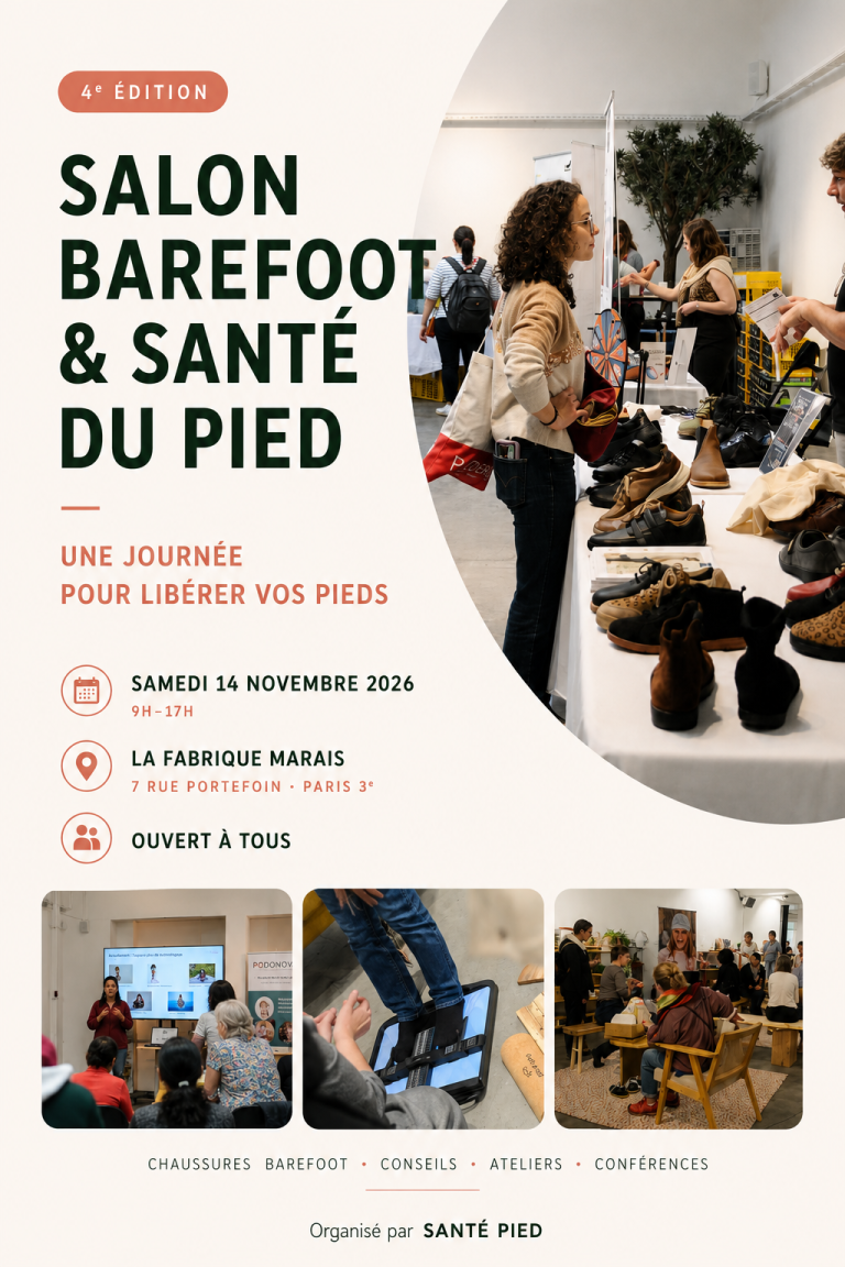 Affiche d'un salon barefoot et santé du pied avec photos et texte descriptif.
